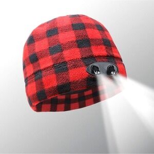 POWERCAP 35/55 Red Black Buffalo Plaid‎ Fleece Beanie Hat with LED Light OSFM